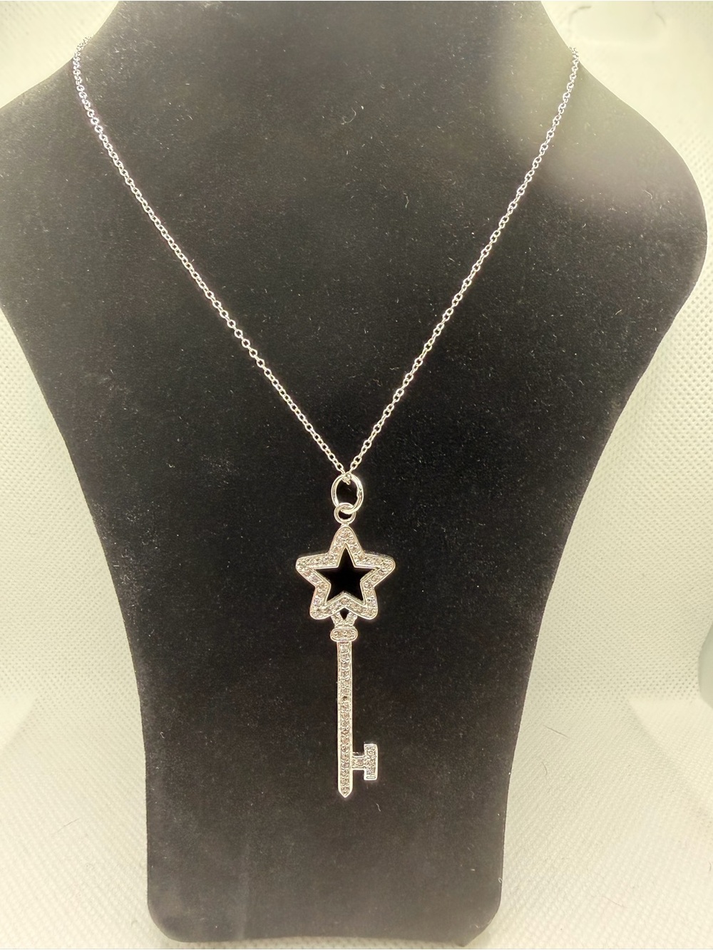 Sterling Silver 925 Italy Star Key Pave Cubic Zirconia Pendant Necklace